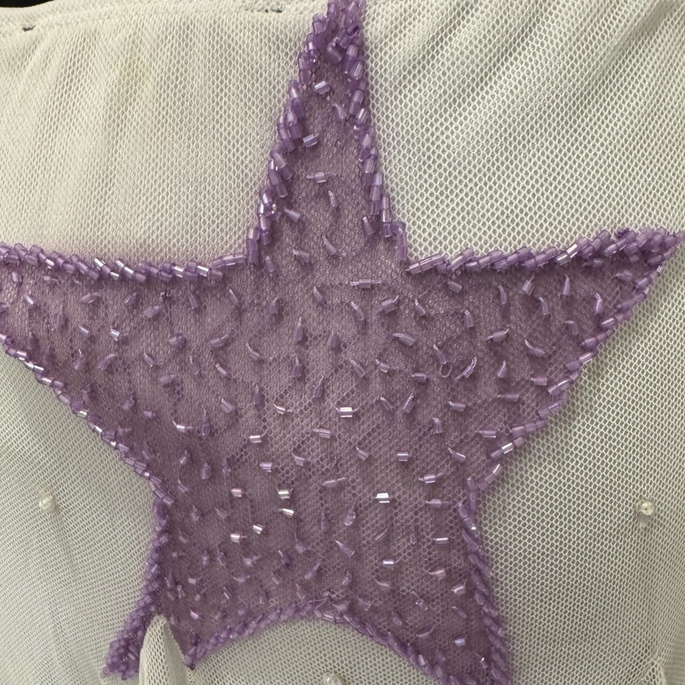 Hand beaded on stretch Mesh White Star Print Ruffle Front Crop Top & Skirt Set - Picture 5 of 9